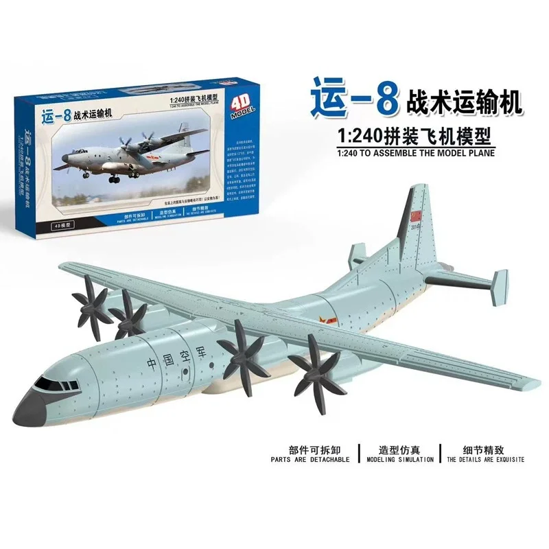 Modello di aereo assemblato 4D Aereo di avvertimento aerotrasportato Scala 1/240 Y-8 Aereo da trasporto Modello di aereo giocattolo militare in plastica