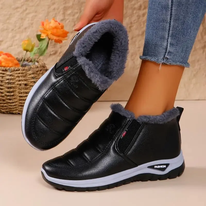 PU Leather Plush Women Warm Sneakers Casual Comfort Platform Women's Vulcanize Shoes Winter Slip on Thick Bottom Cotton Shoes