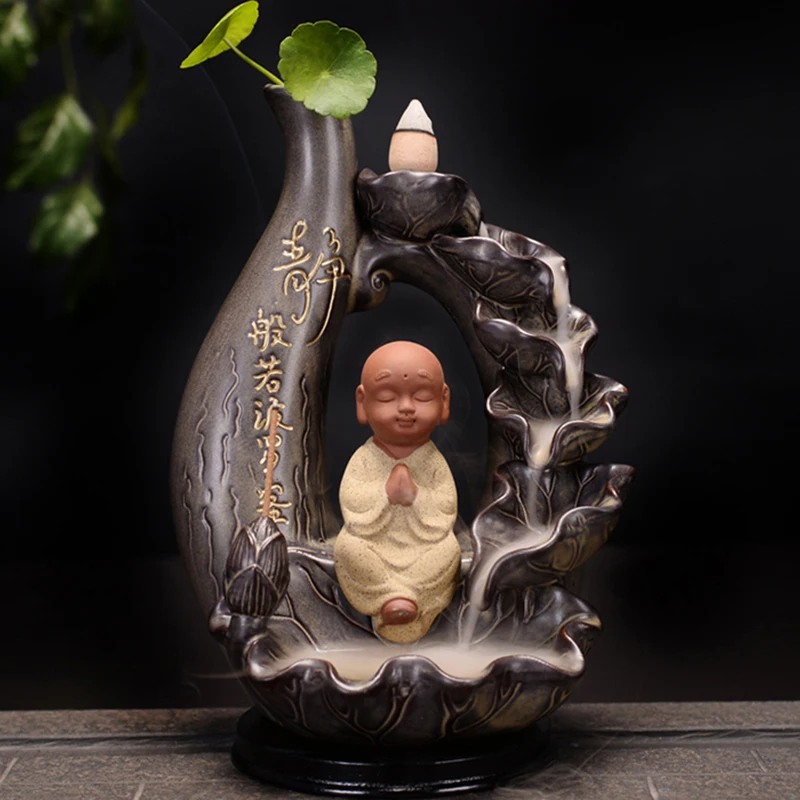 Figurine Buddha Statue Incense Burner Agarwood Puffs Smoke Incense Holder Fragrance Quemador De Inciensos Cascada Room Decor