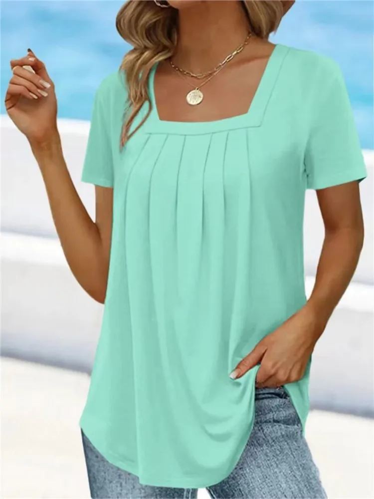 

Summer Elegant Solid Color Square Neck Pleated Women T-shirts Casual Basic Elegant Regular Pullover Female Simple Style Tops