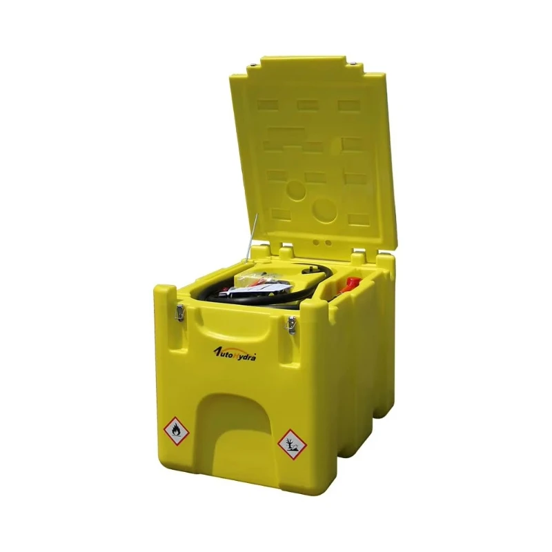 Portable fuel transfer tank with 12v electric pump, 53 gallon capacity, 13 GPM flow, PE diesel tank system, yellow