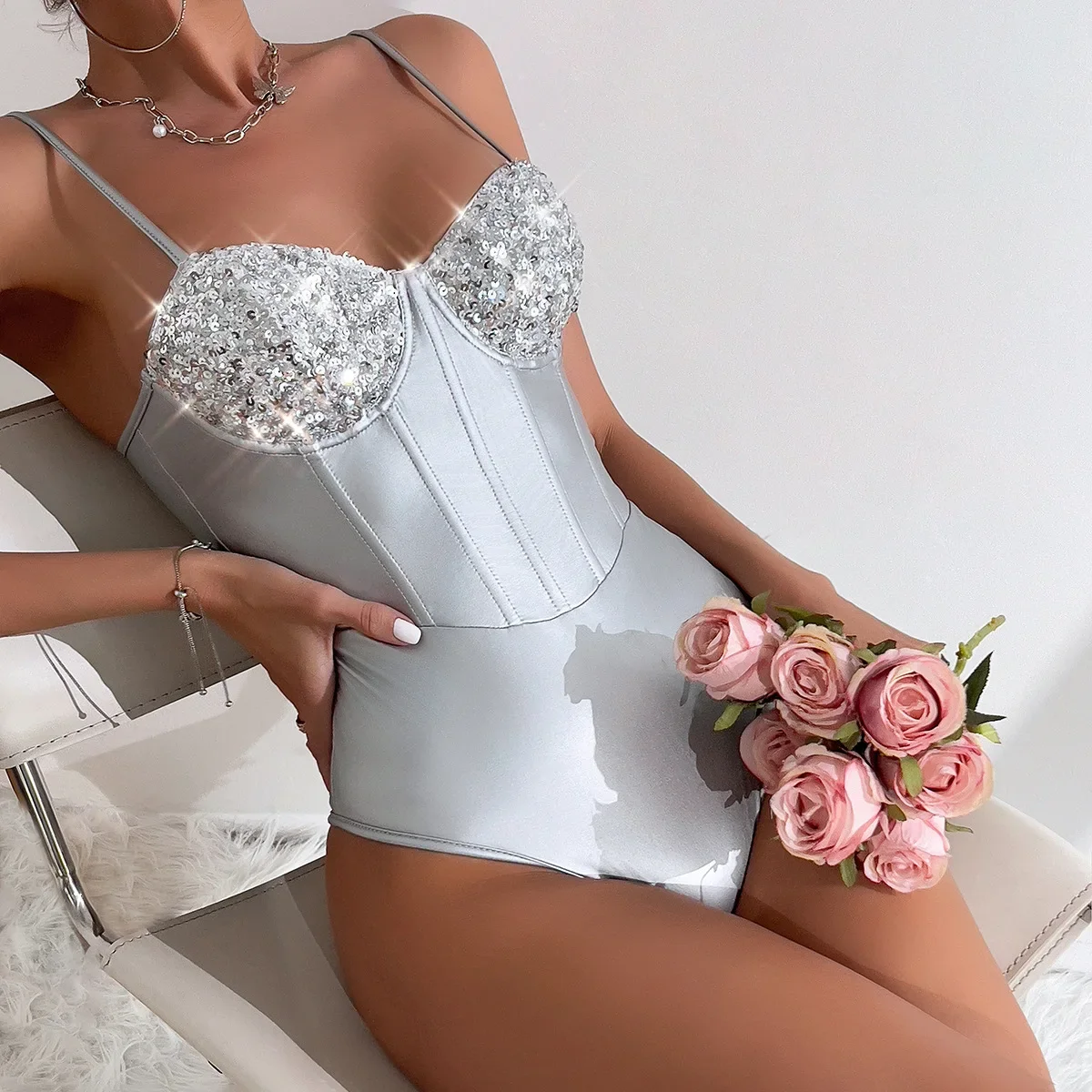 

DSMTRC Silver Sequined Patchwork Playsuits Woman Summer Sexy Sleeveless Bodycon One Piece Clothes Fashion Female Outfits Rompers