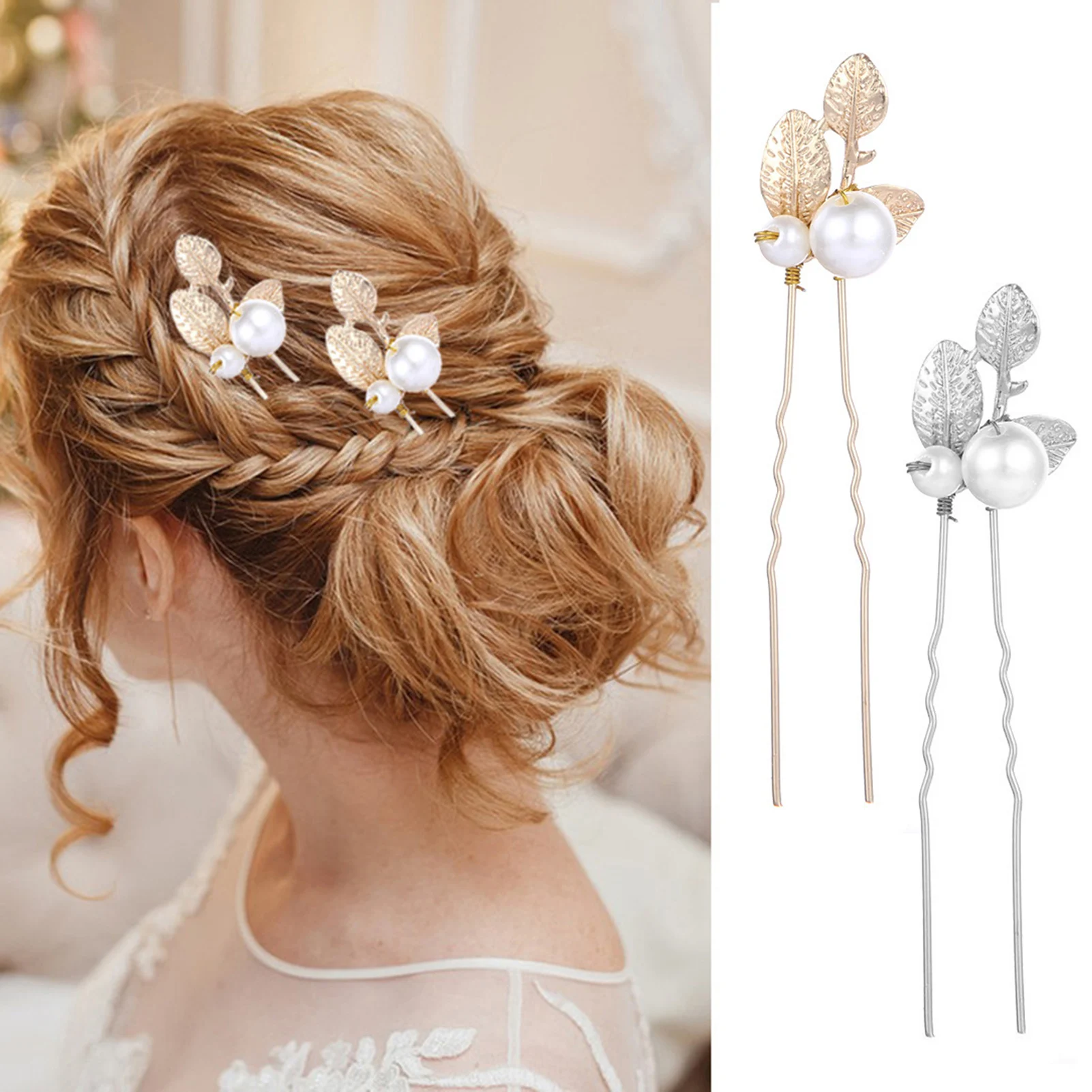 Girls Pearl U Shape Hairpin Gold/Silver Leaf Non-slip Alloy Hairpin Headwear for Women Girls Long & Thick Hair