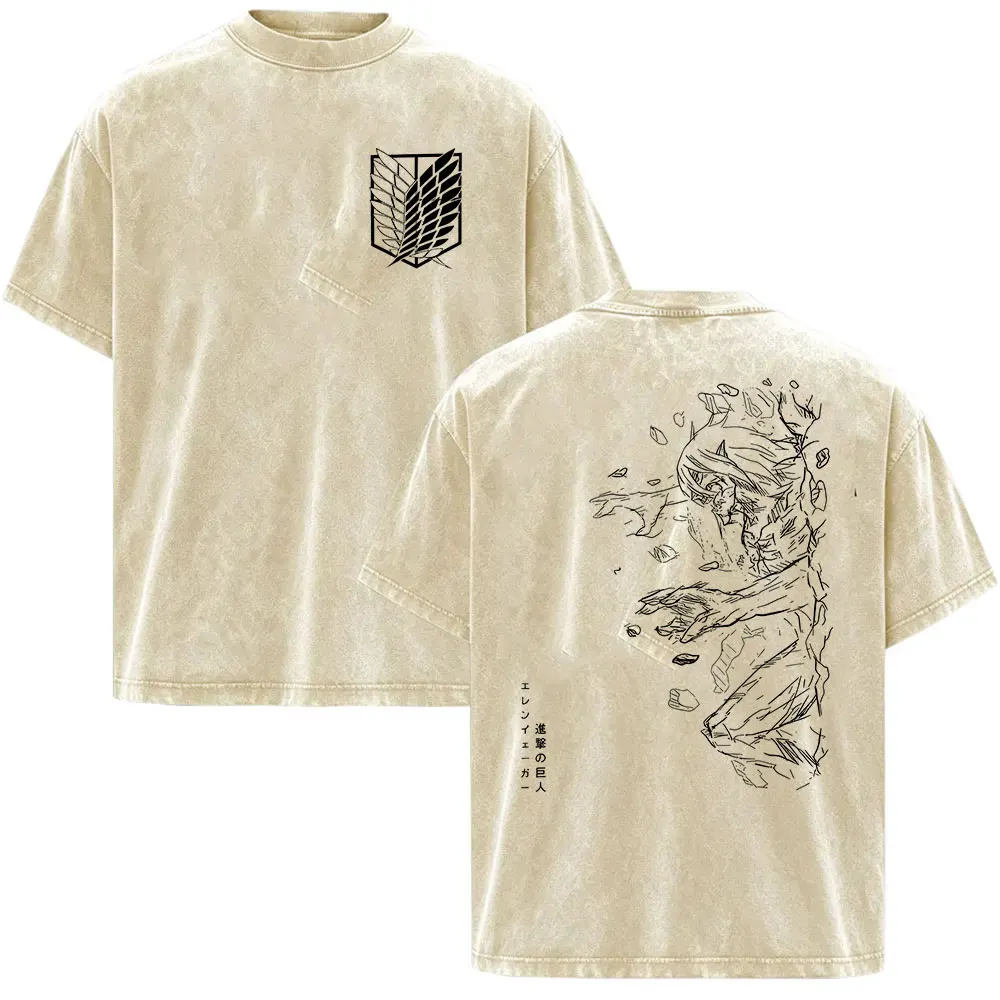 Vintage Washed Anime Attack on Titan Eren Yeager Print T Shirts Men's Women Clothing Fashion Casual Cotton Short Sleeve T-shirt