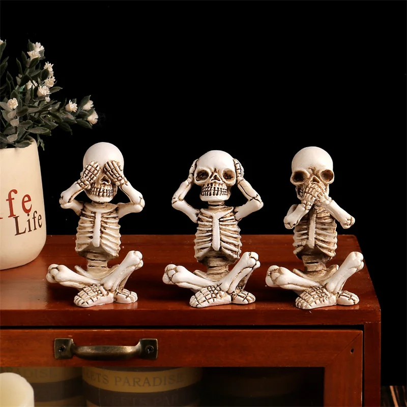 Skeletons Statue Hear See Speak No Halloween Figurines Home Decorative, Set Of Three
