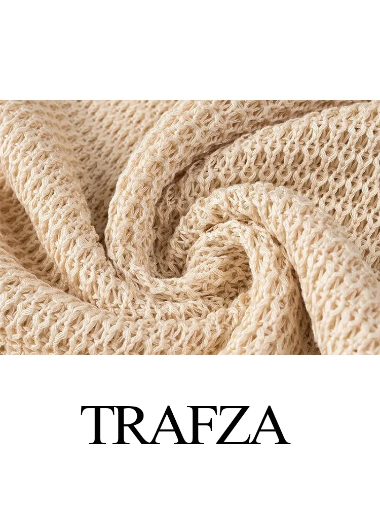 TRAFZA Women\'s Fashion Apricot Round Neck Sleeveless Tassel Knitted Dress Female New Sexy Elegant Mini High Street Casual Dress