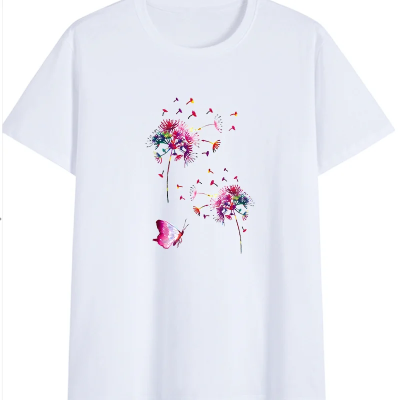 

Women's Fashionable Casual Cotton 100% Dandelion Print Round-Neck Short-Sleeved T-Shirt beautiful petals fluttered in the wind.