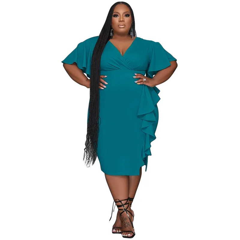 WSFEC XL-5XL robes grande taille pour femmes vêtements 2023 manches courtes col en V volants irrégulière mince Sexy Club fête robe mi-longue