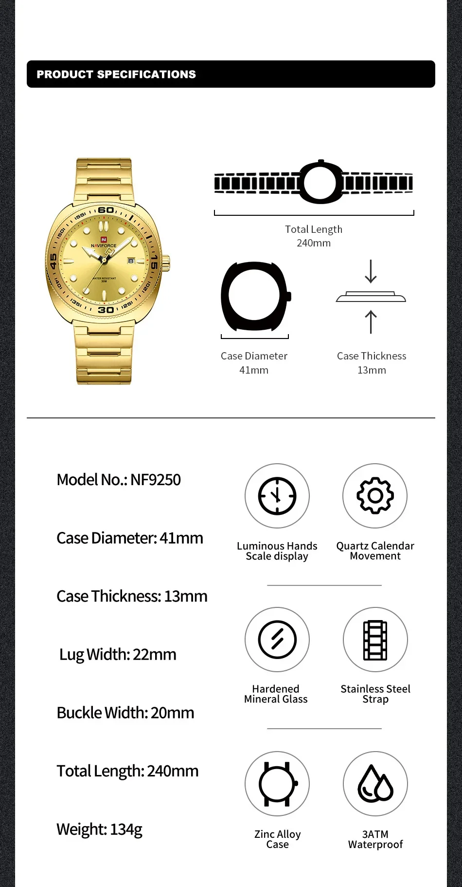 NAVIFORCE NF9250 العلامة التجارية للرجال الرياضة الفاخرة الفولاذ المقاوم للصدأ حزام 30 متر مقاوم للماء عرض التاريخ كوارتز ساعة اليد