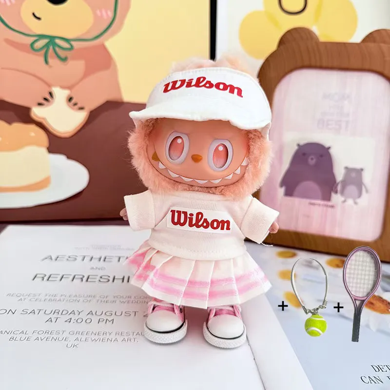 Para muñeca Labubu de 17cm, traje de tenis para V1 V2 V3, camiseta, sombrero, pantalones con Mini raqueta de pelota, ropa deportiva para accesorios de muñeca Labubu
