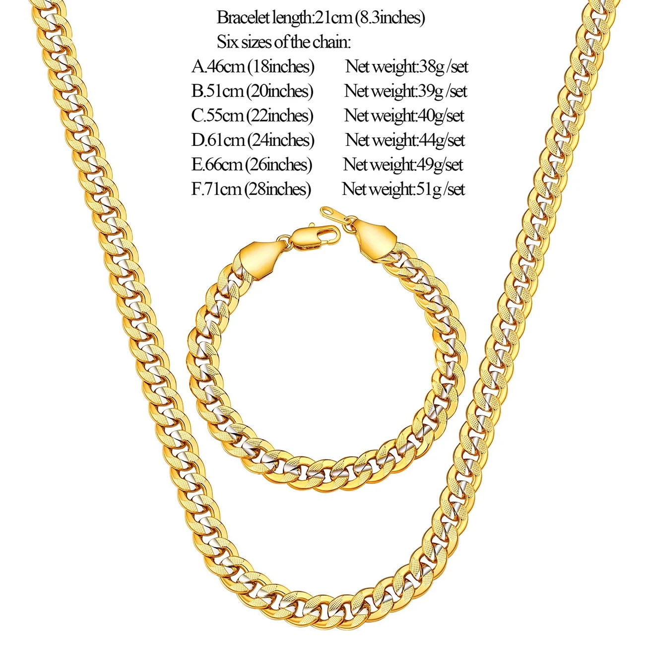 U7 6.5mm Thick Cuban Link Chain Bracelet Necklace Set for Man 8.3\