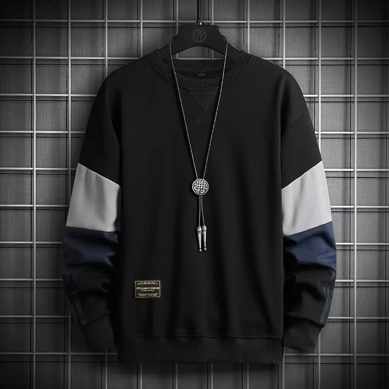 

S-5XL Autumn Men Sweatshirts Hoodie Color Blocked Long Sleeved T-shirt Men's Clothing Grey O Neck Harajuku Exclusive Design Top