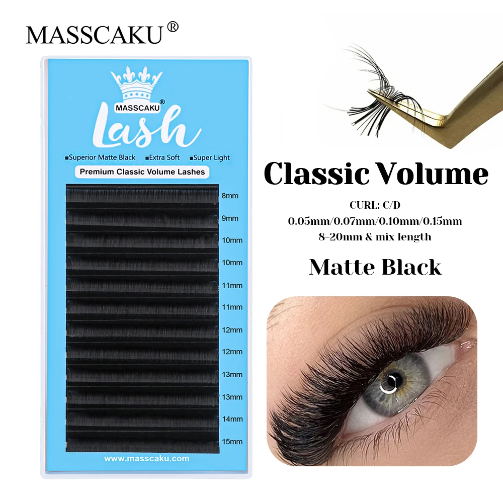 

MASSCAKU New Style Korea PBT Fiber Classic Regular Eyelash 8-20mm and Mix Length Natural Looks Russian Volume Eyelashes Supplies