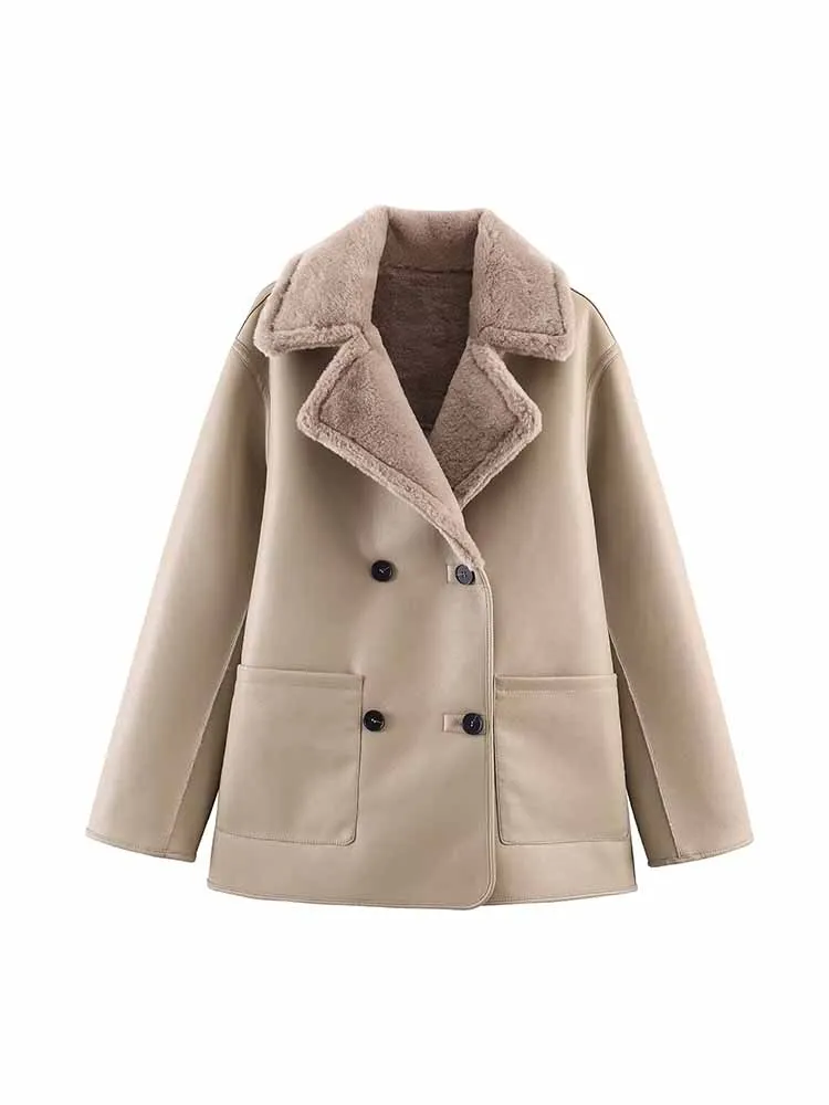 HH Frau Winter Trendy Mode Revers Lange Ärmel Zweireiher Tasche Dekoration Reversible Mantel Weibliche Casual Warm Halten Mantel