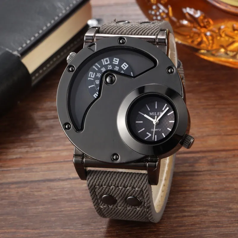 Quartz Wrist Watch with Dual Dial Cool Design Leather Band Dual Time Watches PU Leather Strap