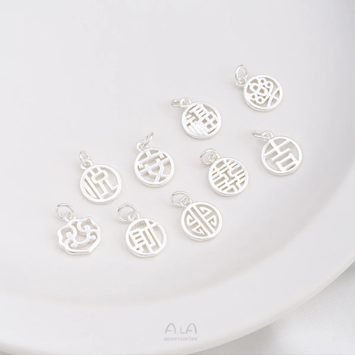 Long Anti-fade Thick Silver Clad Brass Hollow Round Blessing Tag Pendants 1pcs DIY Handmade Oriental Lucky Wedding Accessories