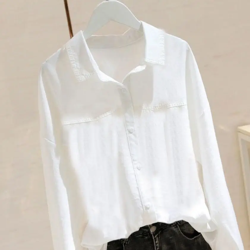 Chemise en pur coton pour femmes, manches longues, polyvalente, ample, décontractée, haut blanc, à la mode