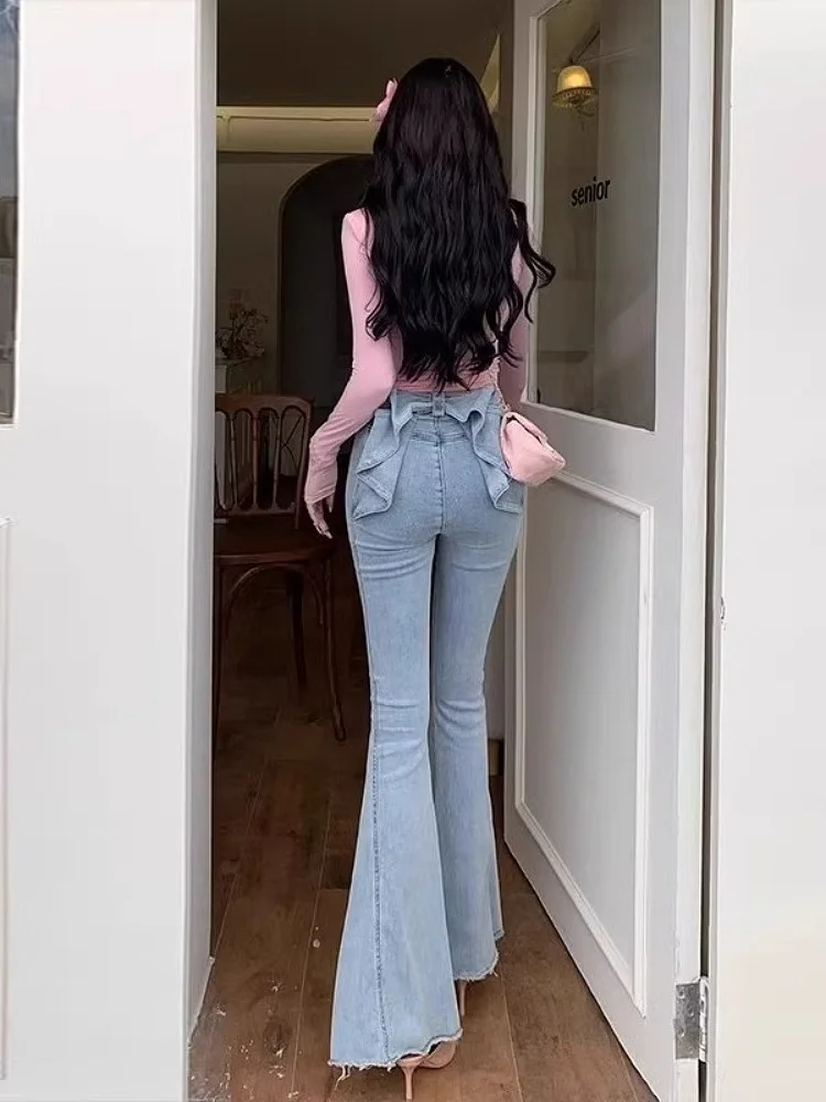 

Джинсы женские с высокой талией и 3D-узлом, весна 2025, новая европейская модная модель, облегающие, расклешенные брюки