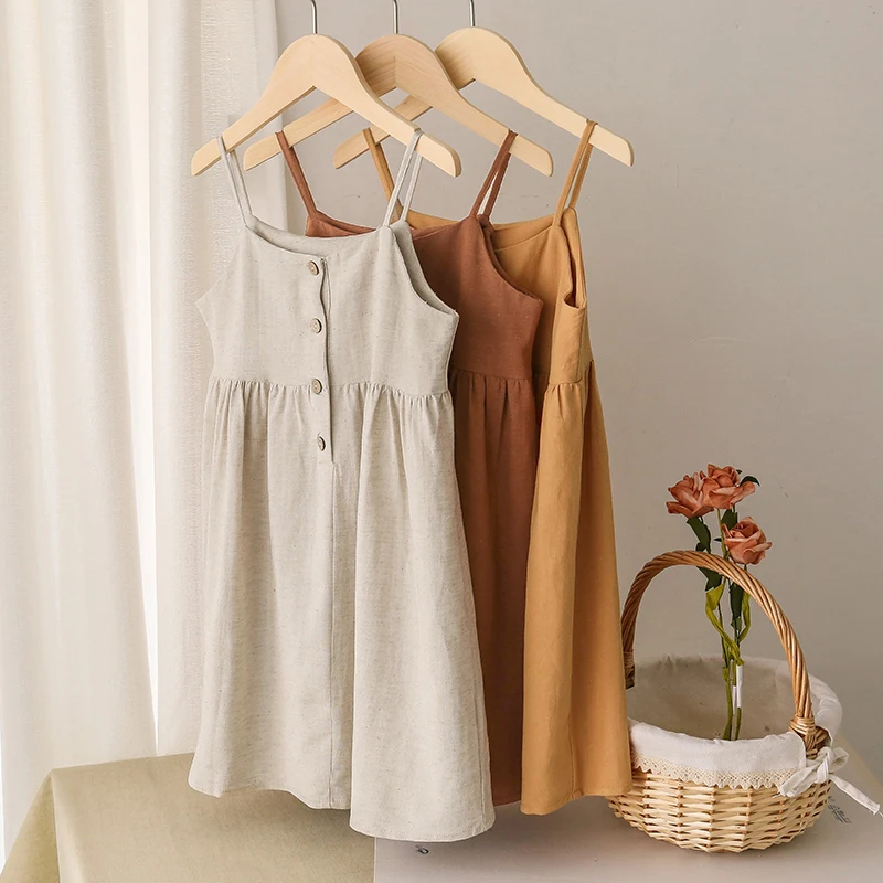 55% Linen 45% Viscose Girl's Fashion Summer Dress Casual Strapless Button Dress For Kids Girl TZ25