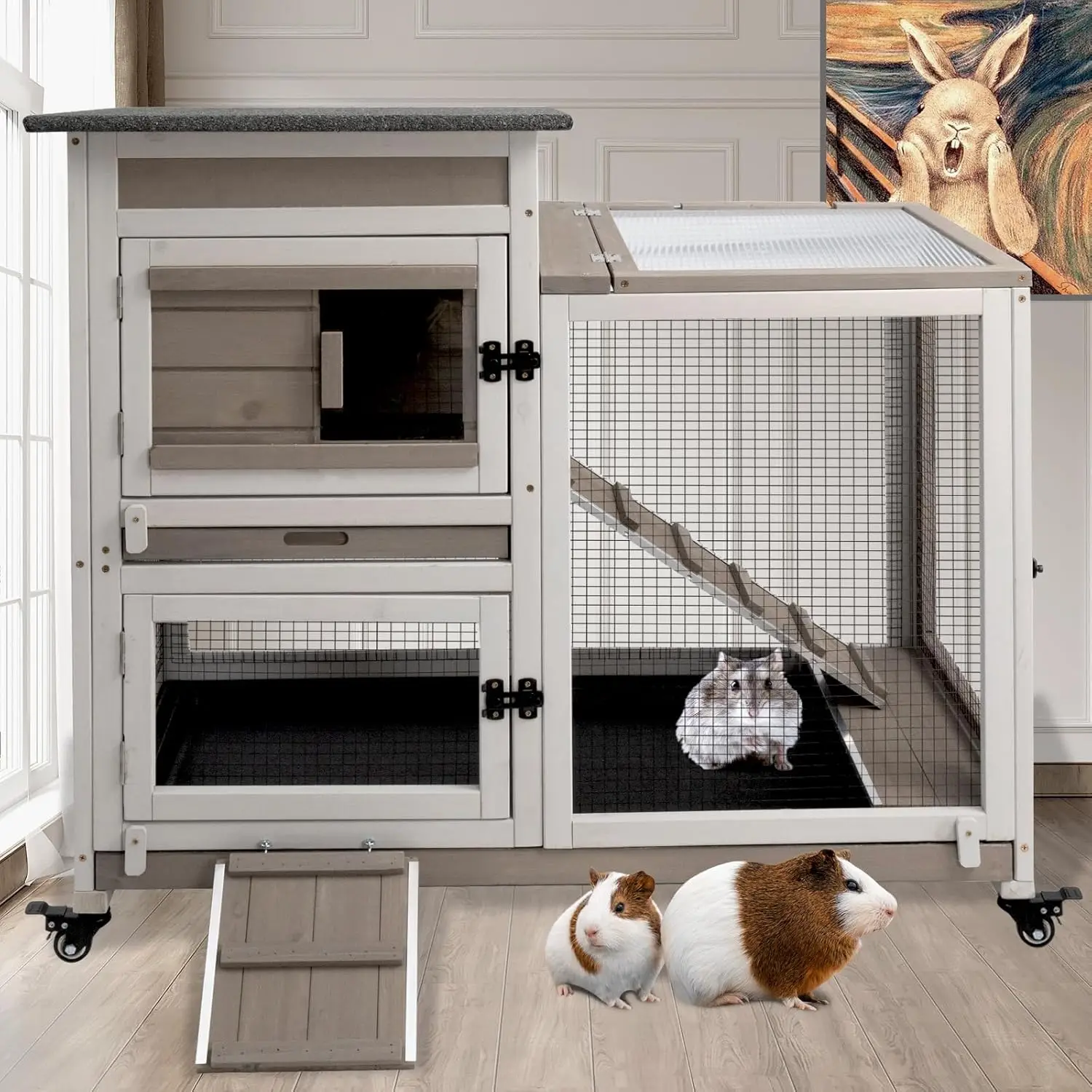 Petscosset 40 "L أرنب القفص داخلي خشبي كبير الأرنب القفص في الهواء الطلق 2 قصة قفص أرنب على 4 عجلات معدنية مع تشغيل و 2 سحب O #1