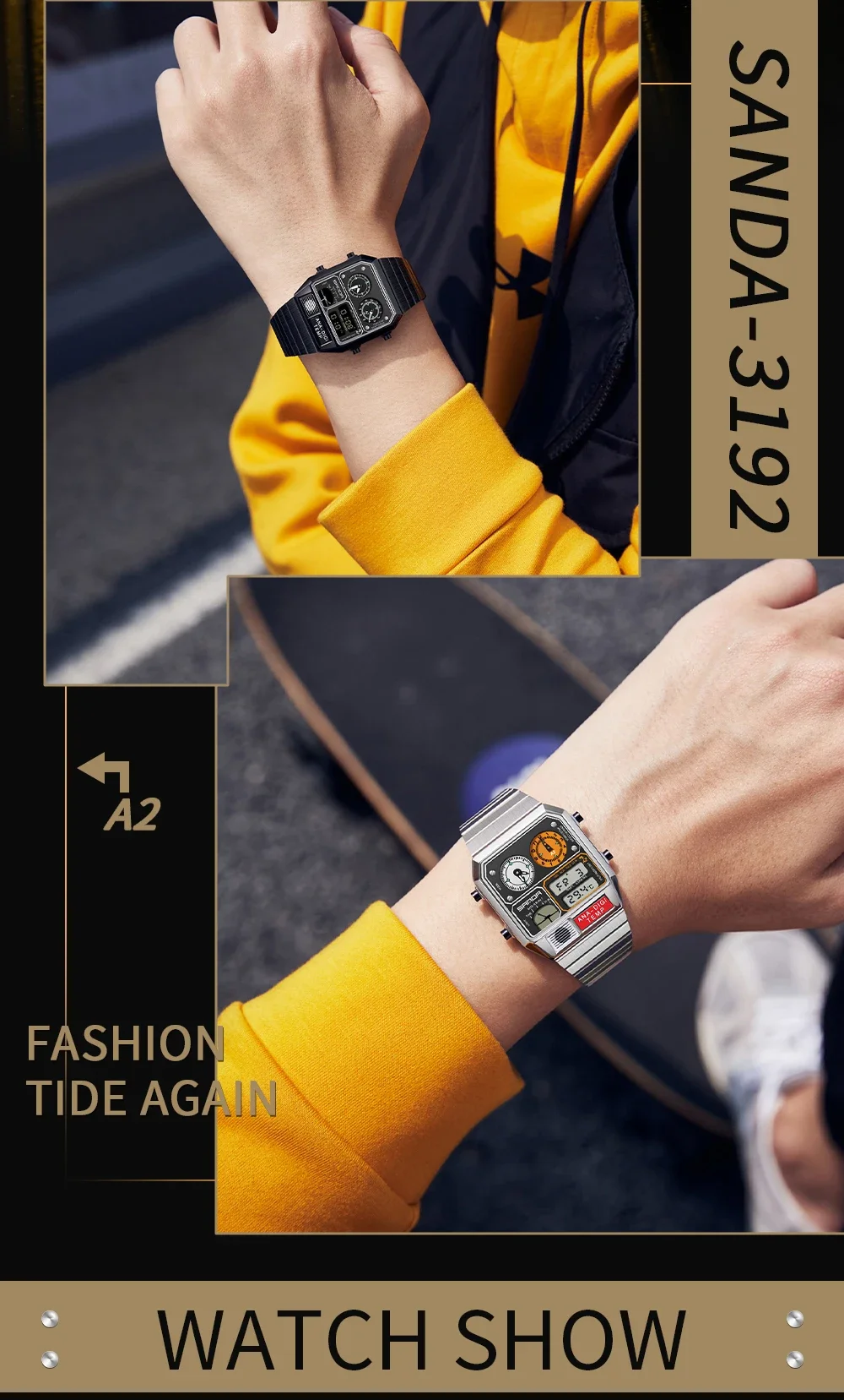 SANDA 3192 Quadratische elektronische Uhr für junge Männer, lässige multifunktionale Armbanduhr mit Thermometer, Stoppuhr, Chronograph – Detail 13