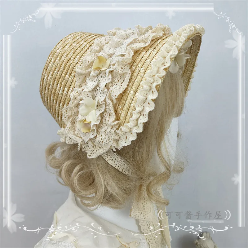 Original Handmade Antique Hat Lolita Vintage Bonnet Hats Pastoral Cotton Edge Lolita Straw Hat Top Hats