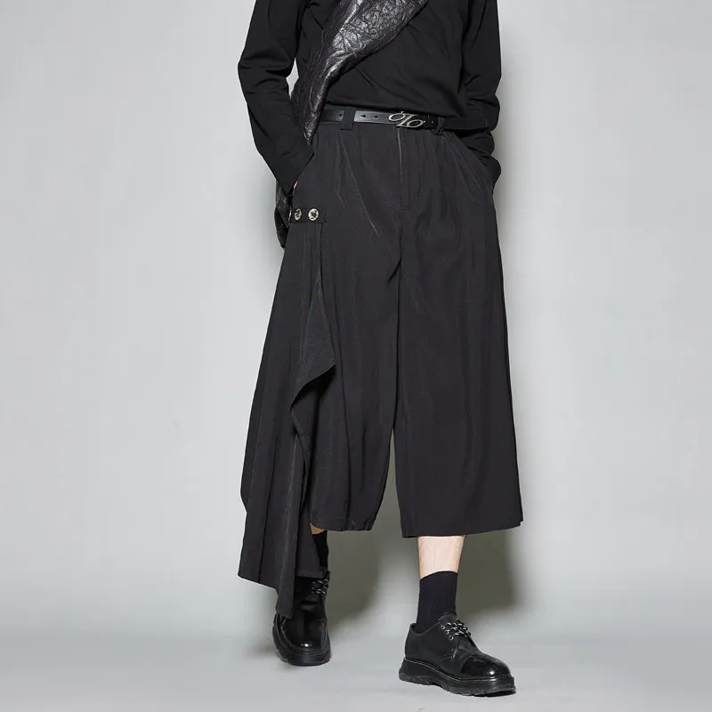 Designer Cut Men's Dark Irregular Cropped Pants Japanese Style Ribbon Culottes Wide Leg Pants