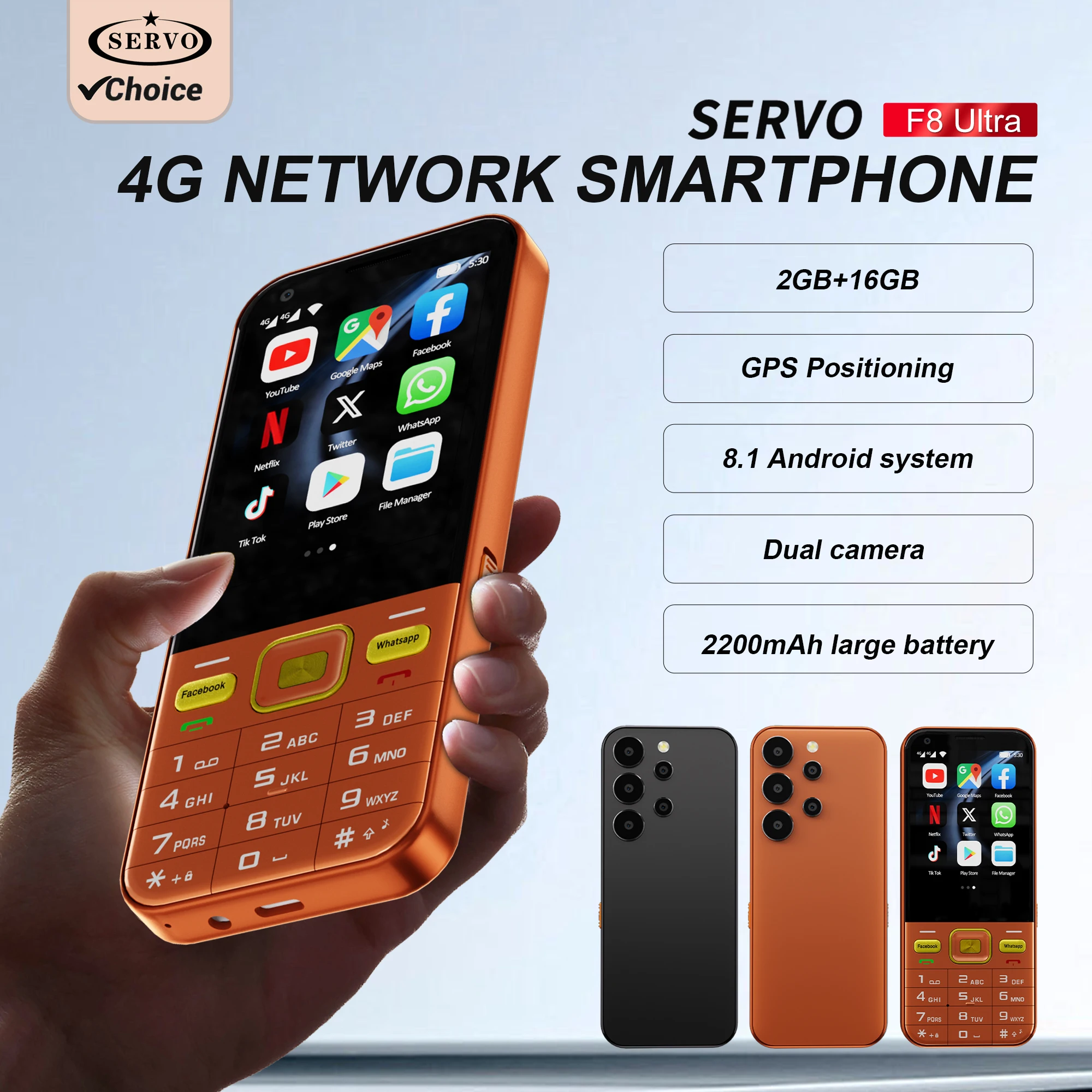SERVO F8 ULTRA Android Button Smartphone 4G Network 2GB+16GB Facebook Play Store WiFi 2.8'' Touch Screen Smart Phone 2SIM Standby