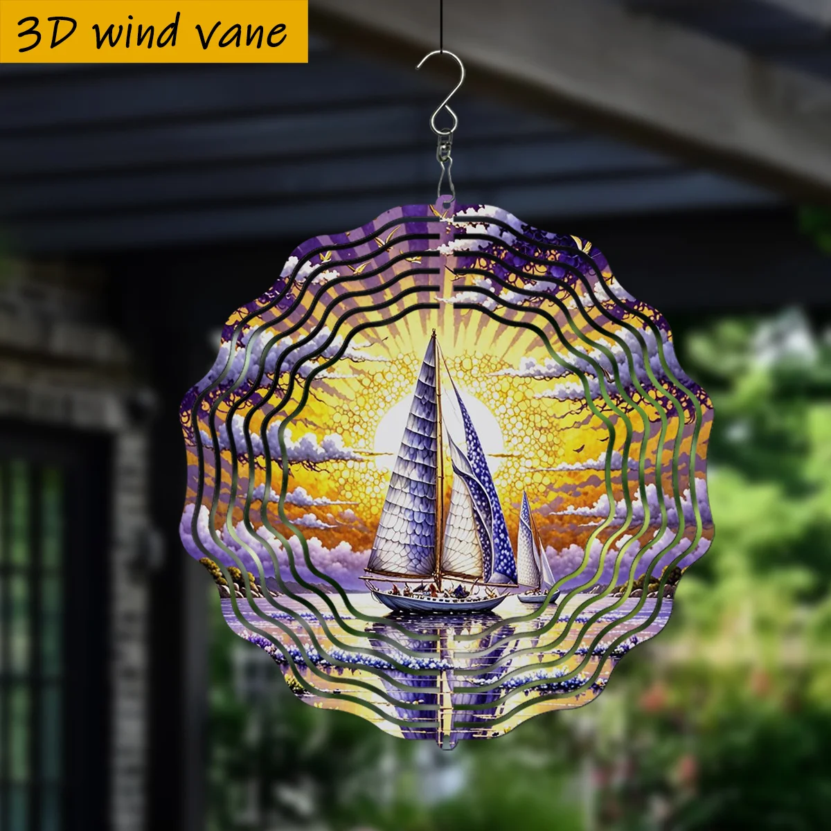3D Sailboat Lake Sunlight Wind Spinner - 10 Inch Metal Art with 360 Swivel Hook for Christmas Halloween Garden Patio Gift