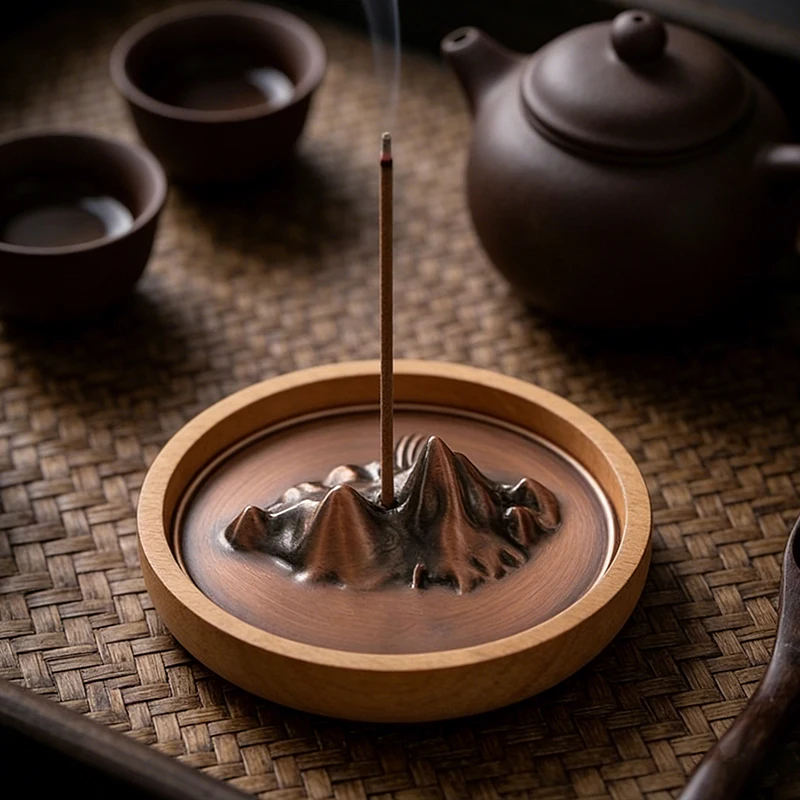 Vintage Mountain Incense Holder for Sticks Solid Wood Base Antique Incense Burner with Ash Catcher for Home Yoga Meditation