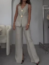 Women's Solid Color V-Neck Sleeveless Waistcoat + Wide Leg Pant 2 Piece Set Outfits Ladies Top Coat High Waist Pants Suit