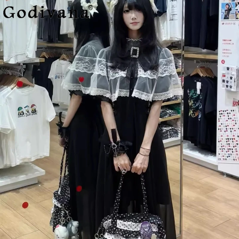 Abito giapponese a mantella in pizzo Rojita per ragazze Abito lungo stile gotico a mezza manica a vita alta Abito Lolita primavera estate da donna