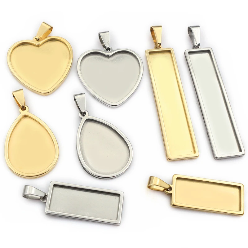 5 Stück Rechteck-Tropfen Herzform Edelstahl Gold Anhänger Cabochon Leere Basis-Einstell-Tablett DIY Schmuck Herstellung Zubehör