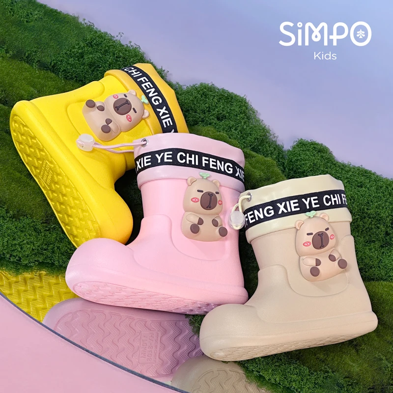 

Cute Capybara Waterproof Slip-On Rain Boots For Kids With Elastic Band Non-Slip EVA Sole Lightweight Short Boots Boys & Girls