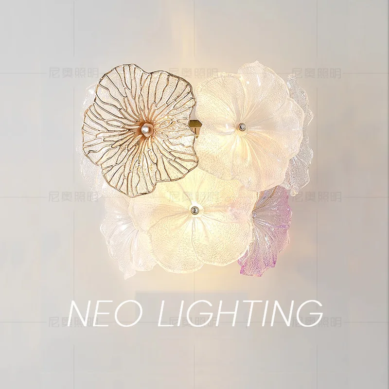 French Light Luxury Bedside Wall Light for Bedroom Wall Background Hotel Creative Design Pattern Decor Flower Glass Sconce