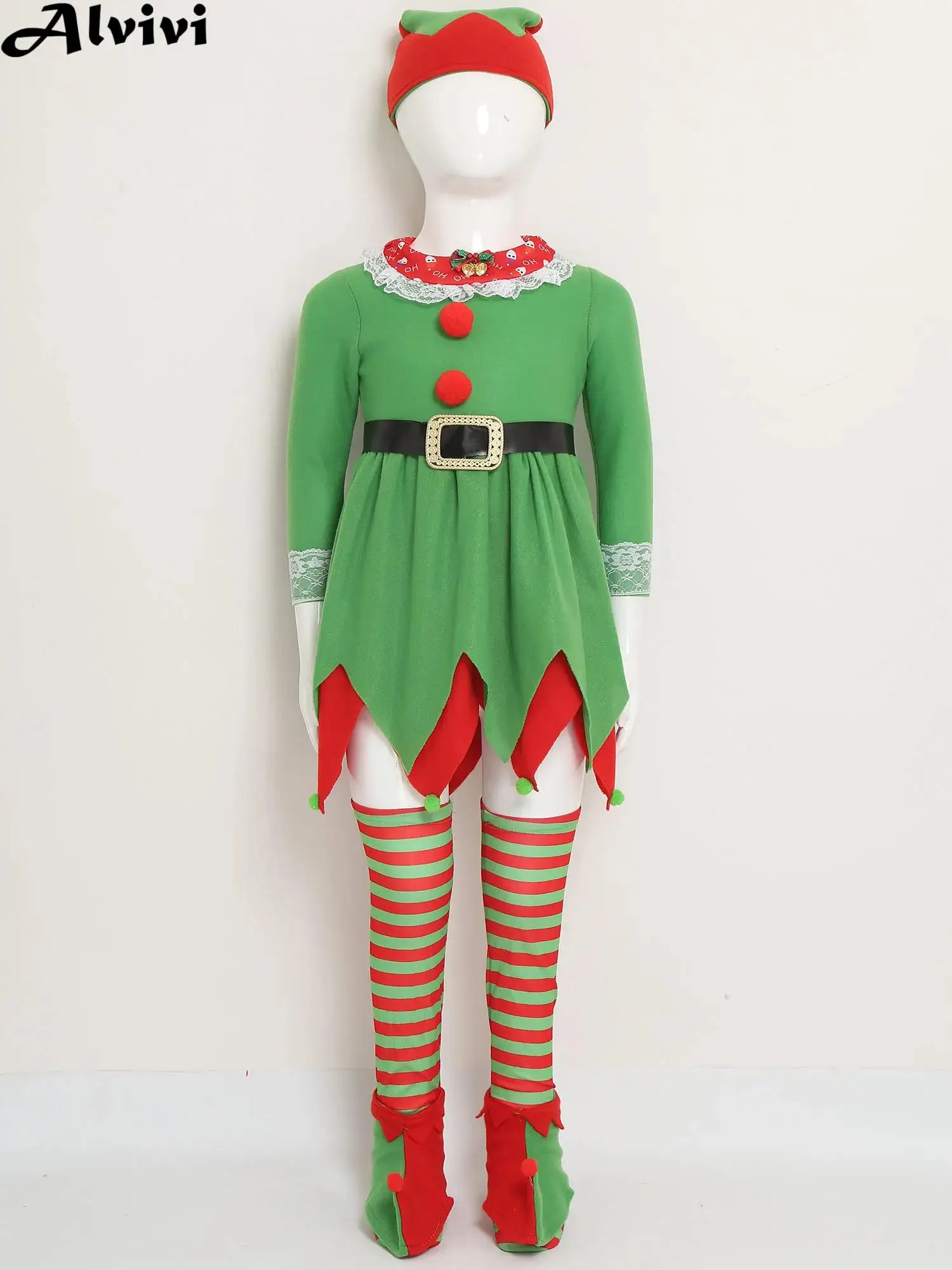 Kids Girls Long Sleeve Bell Lace Decor Christmas Elf Cosplay Dress with Hat Belt Sock Shoe Covers Xmas Party Performance Costume