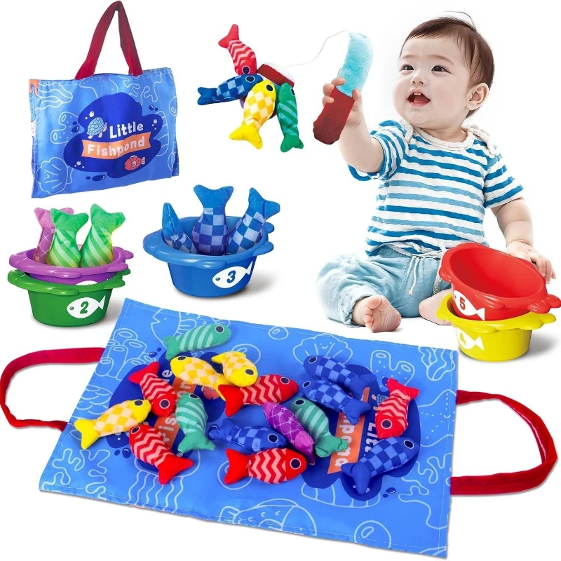 Juguete Montessori para niños pequeños, juego de pesca de tela con tazas apilables, clasificación de colores, juguete de educación temprana, conteo de números, juguete para regalo de matemáticas