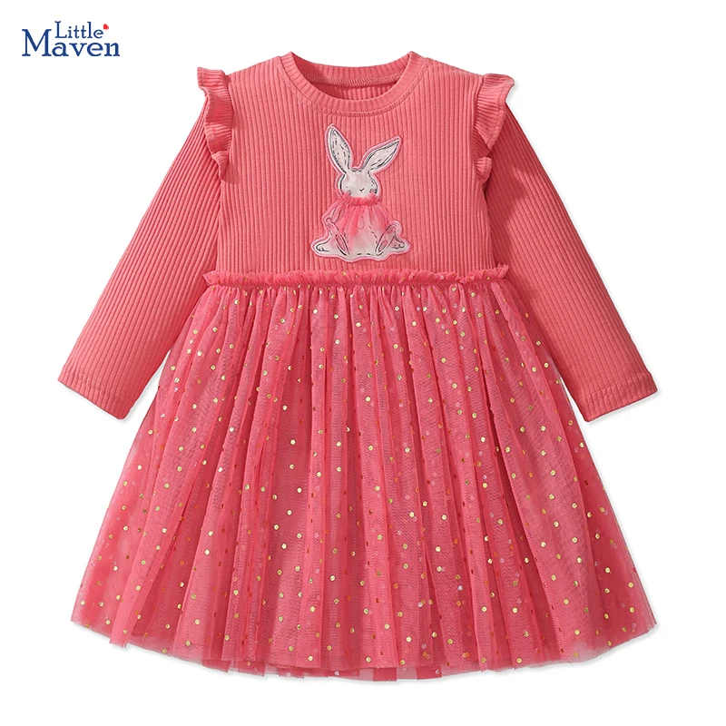 Little maven Baby Girls Kids Clothes Children\'s Clothing 2024 Autumn Cotton Cartoon Long Sleeves Rabbits Mesh Dresses 2-7 year