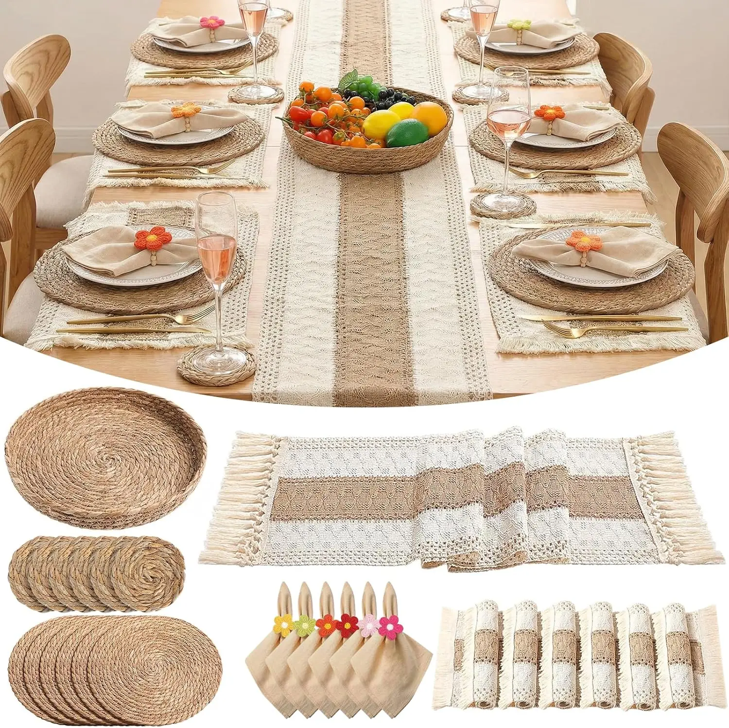 32Pcs Boho Table Set: 6 Rectangular & Round Placemats, Napkins, Rings, Runner, Coasters & Basket - Natural Burlap Cotton