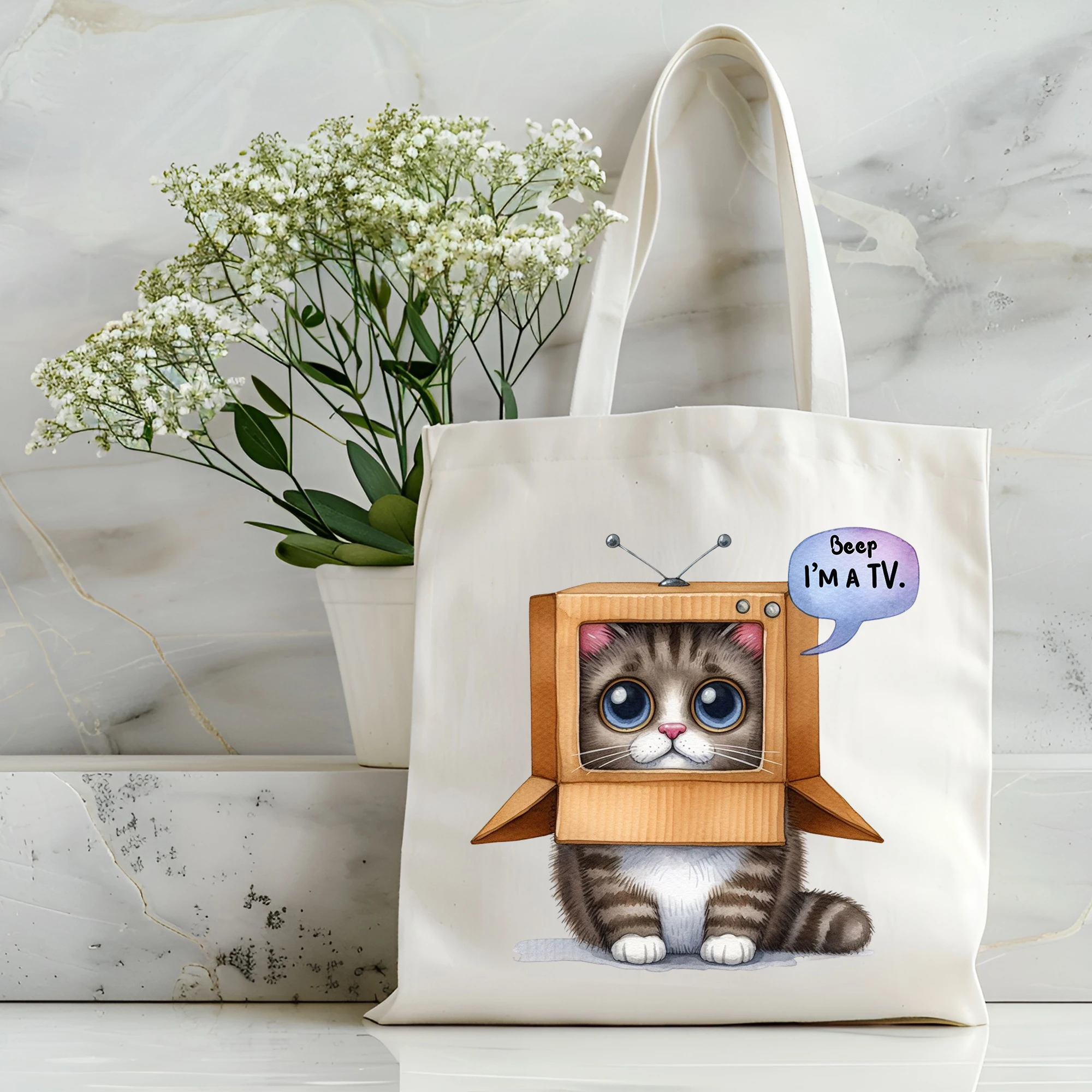 

Funny Cat Printed Pattern Handbag Cotton Canvas Women's Handbag Convenient Travel Storage Bag for Going Out