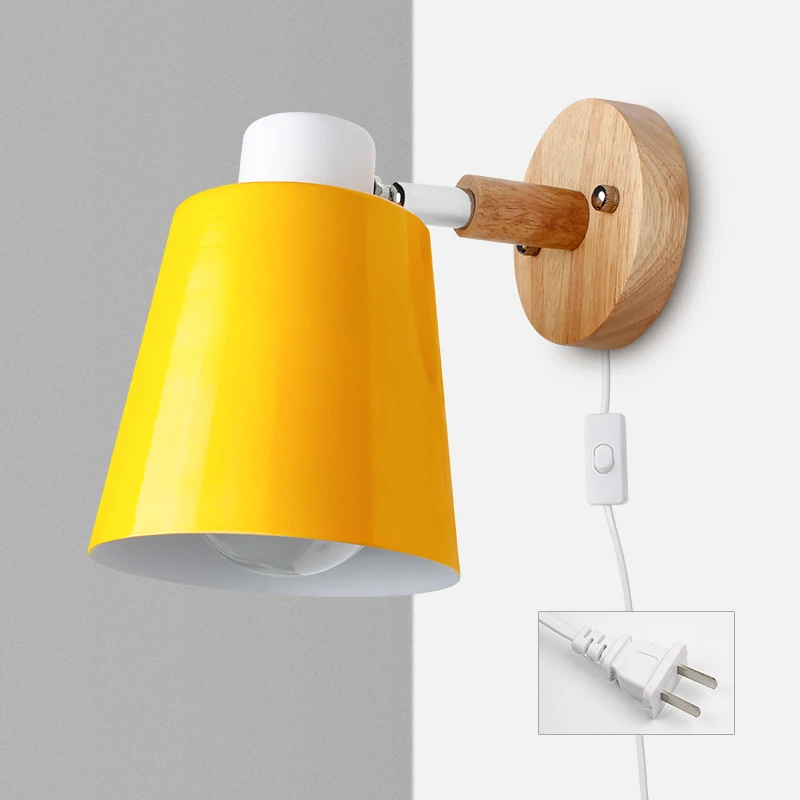 Lámpara de pared nórdica con enchufe, candelabro de hierro E27, macarrón, 6 colores, Led de mesita de noche, enchufe europeo y estadounidense,