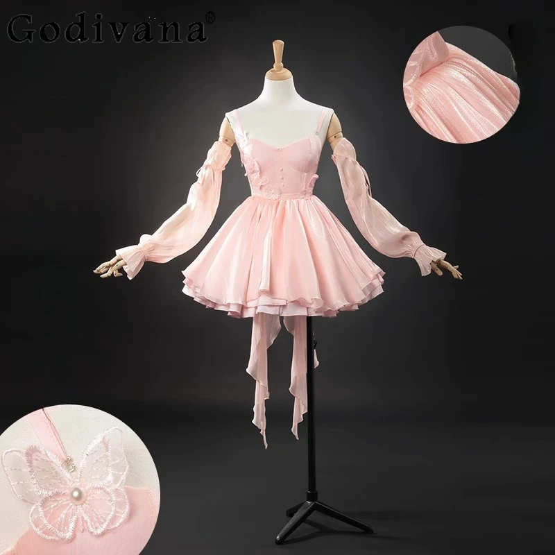 

Women Princess Pink Dress Sleeveless Sweet Cute Short Party Dress Female Carnival Main Role Play Cosplay Anime Dress Set