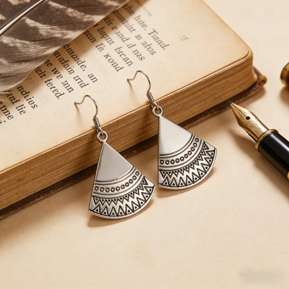 A Pair of Retro Fan-Shaped Triangular Ethnic-Inspired Earrings, Bohemian Tribal Geometric Carved Pattern Drop Earrings, Ideal
