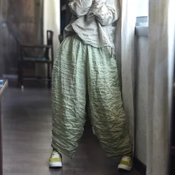 Women Loose Causal Ramie Wide Leg Autumn Pants Ladies Retro Solid Ramie Calf Length Pants Female 2026 Vintage Harem Trousers