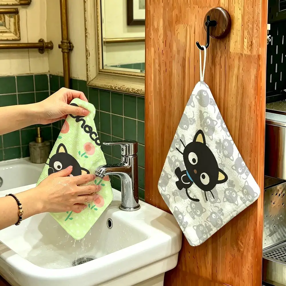 Cartoon Art Chibi Cat C-Chococat Polyester Cotton Hand Wiping Towel, Hanging Design, Durable For Household Restaurant Toilet Use