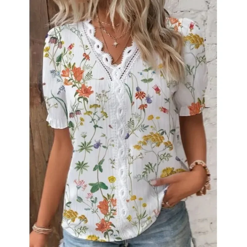 Camisa estampada de retazos de encaje con cuello en V para mujer, blusas elegantes de oficina de manga corta con estampado de flores para mujer 2024