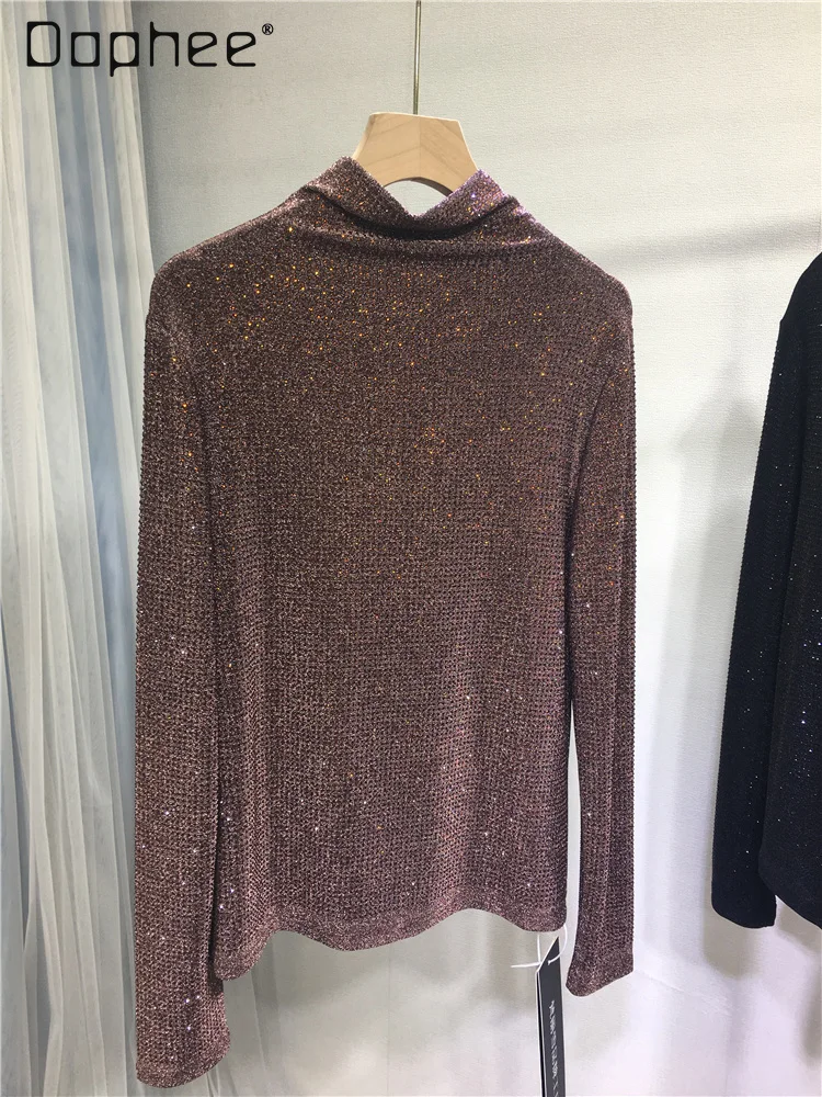 

Base Shirt Industry Rhinestone Half High Collar Silver Thread Rhinestone Top Spring Autumn Versatile Shiny Long Sleeve T-shirt