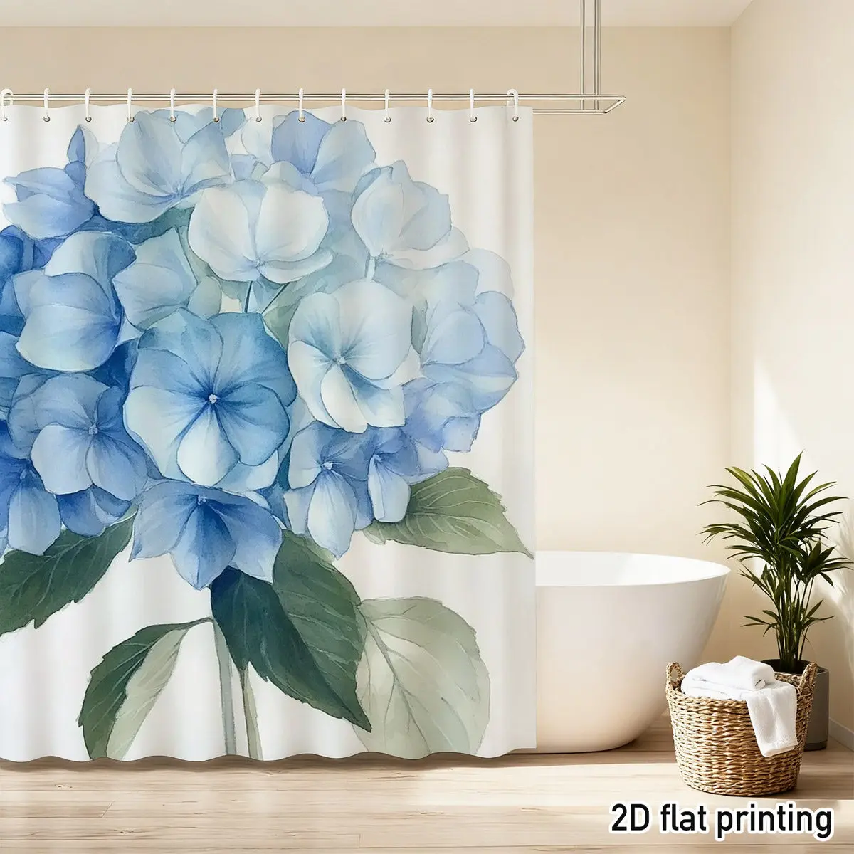 ブルーアジサイシャワーカーテン-水彩花柄プリント、リアルな開花と緑の葉、白いベースポリエステル-12個のフック、手洗い