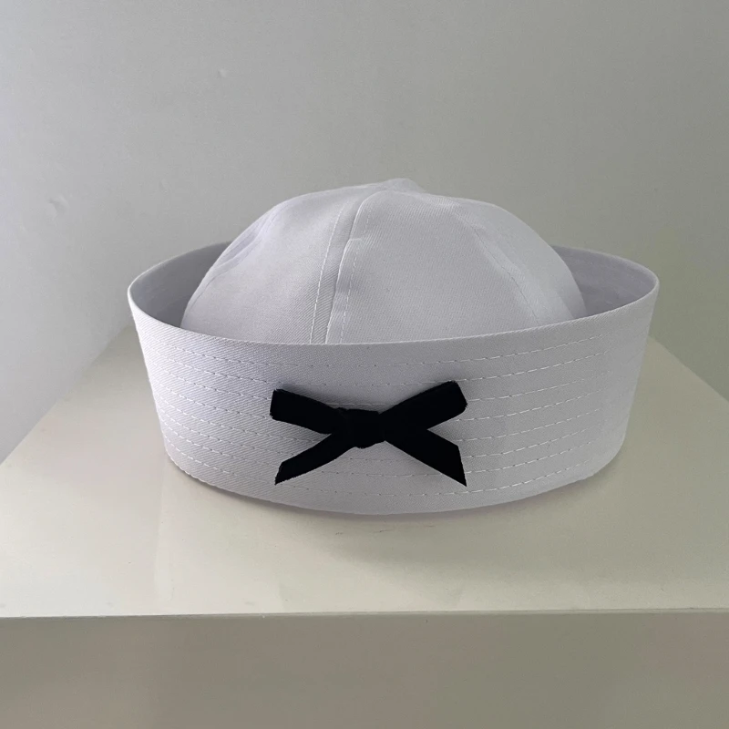 Sailors Ship Boat Captain White Seafaring Hat Adult Navy Marine Hat Black Bowknot Decor Halloween Party Cosplay Outfit