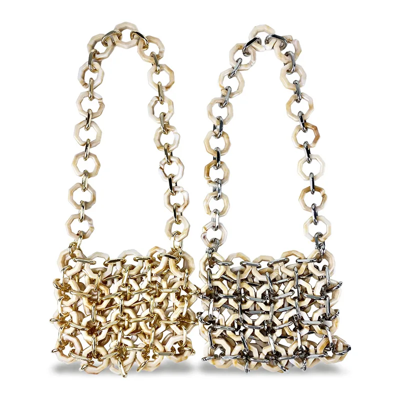 Metallic Hollow Woven Bags para Mulheres, Bolsa de Anel Acrílico, Mini Bolsa De Casamento, Saco De Noite, Designer De Luxo, Embreagem De Senhoras, Novo